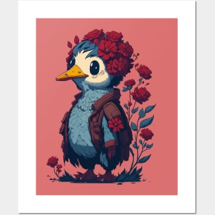Duck With Red Flowers Hat Posters and Art